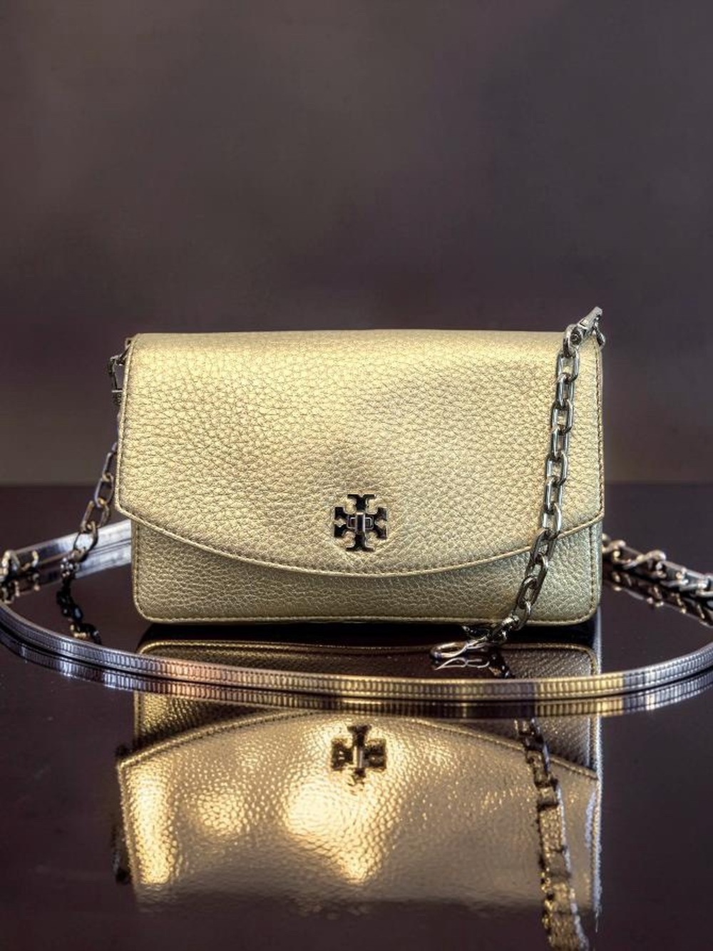 Tory Burch Gold Pebbled Leather With Silver Chain Wallet Crossbody Shoulder Bag - Picture 16 of 16